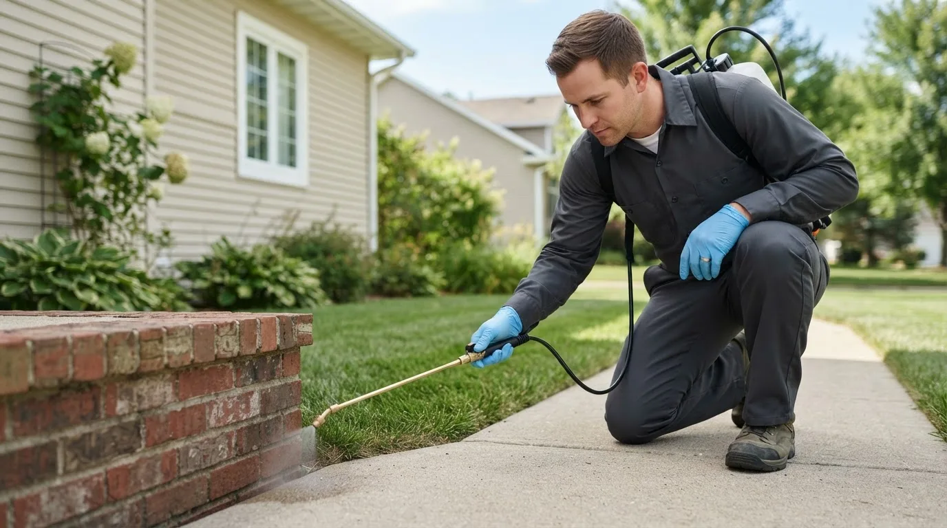 Pest control technician treating a home near Elizabethtown, NY